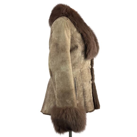 Y2K Shearling Sheepskin Penny lane Fur Leather Coat Blue Fox Trim S-M - Picture 4 of 15